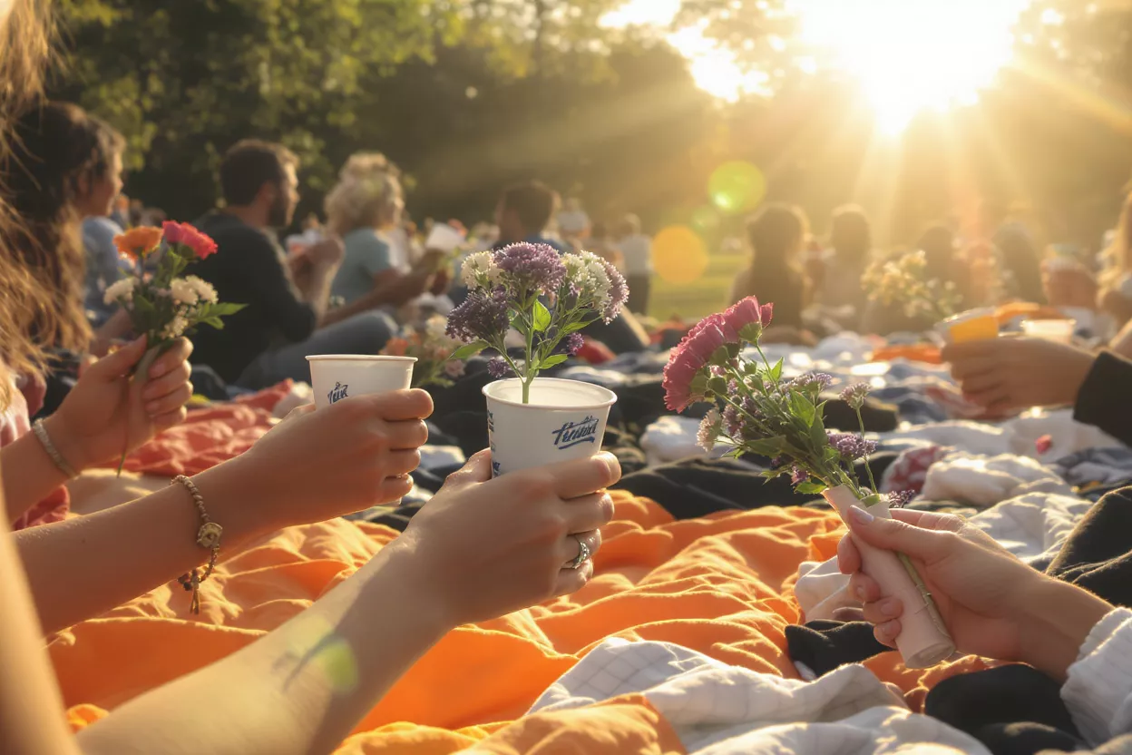 People at a sunny park picnic holding small bouquets of flowers and white cups.