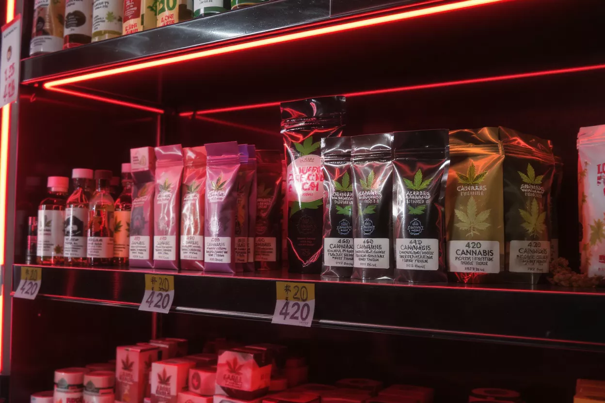 Shelves in a dispensary with red lighting displaying various cannabis products in pouches.