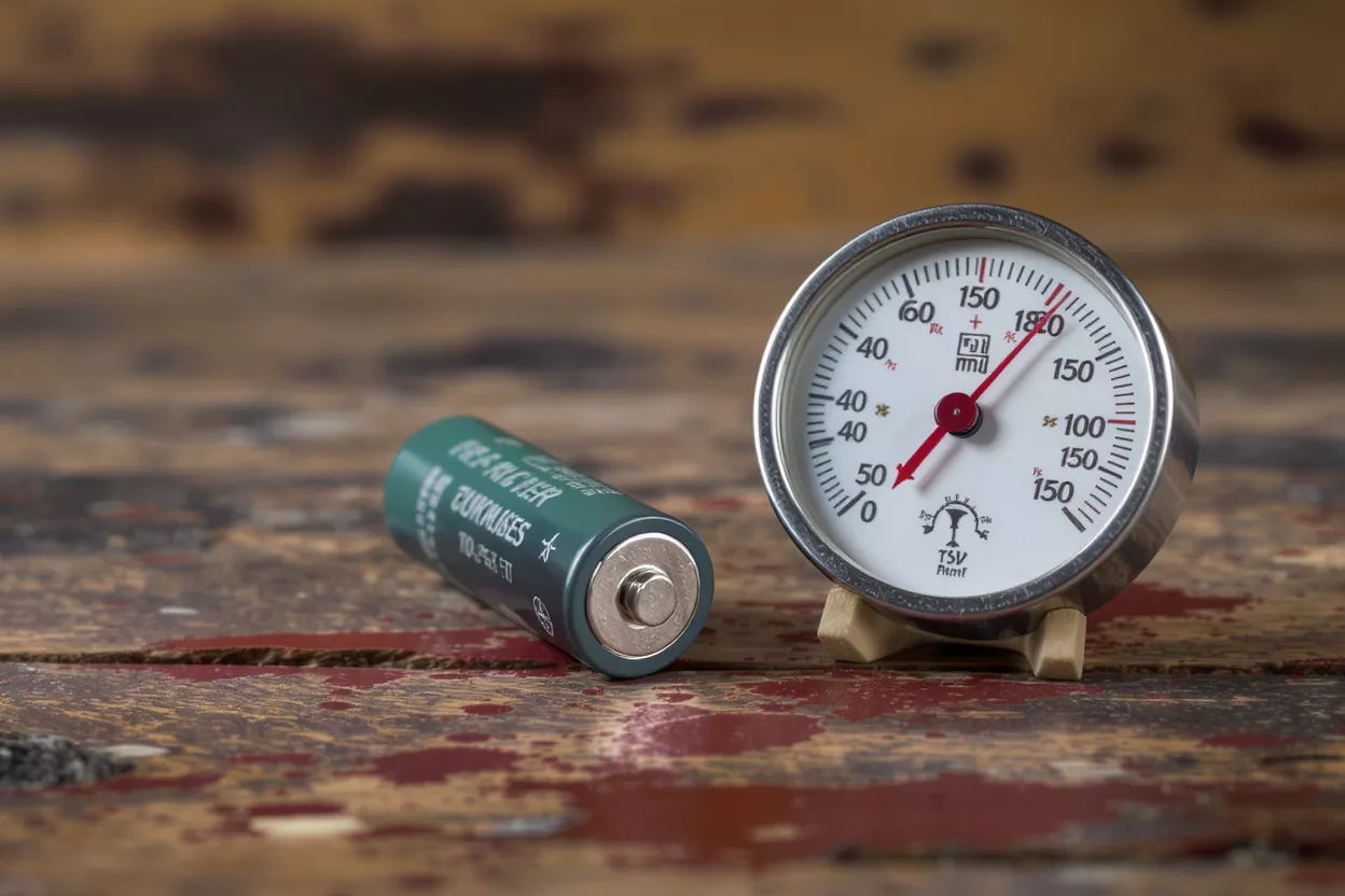 A green battery and a round analog meter sitting on a distressed wooden surface.