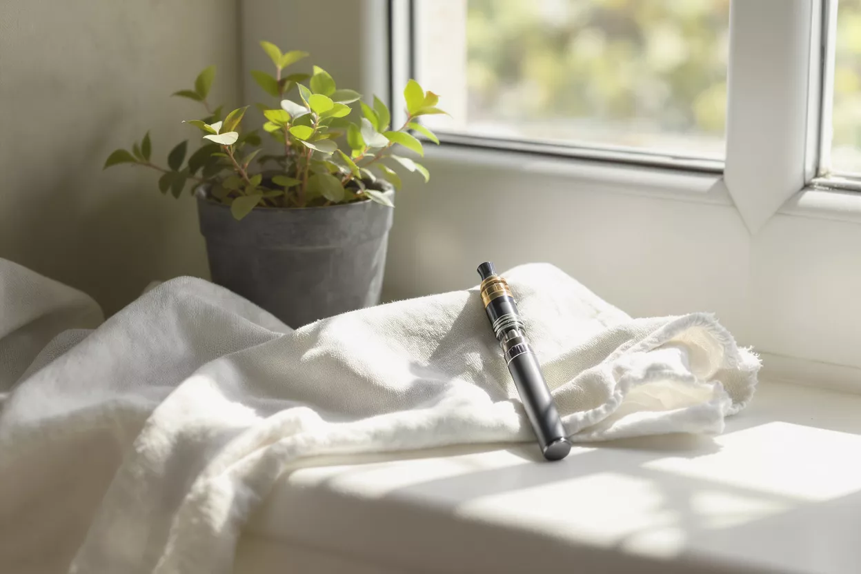 A black and gold vape pen resting on a white cloth on a windowsill.