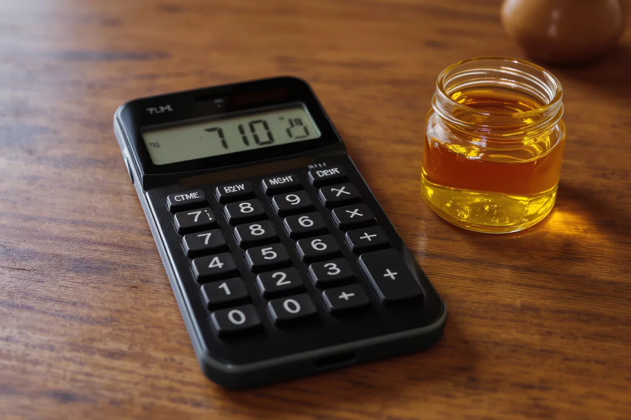 A black calculator displaying the number 710 sits next to a small glass jar of honey.