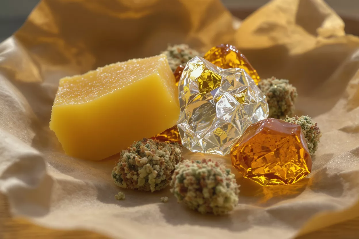 A close-up of cannabis edibles, concentrates, and moon rocks on brown parchment paper.