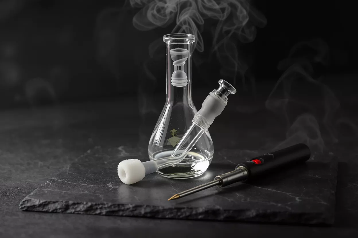 A glass dab rig and black electronic dab tool on a slate surface with smoke.