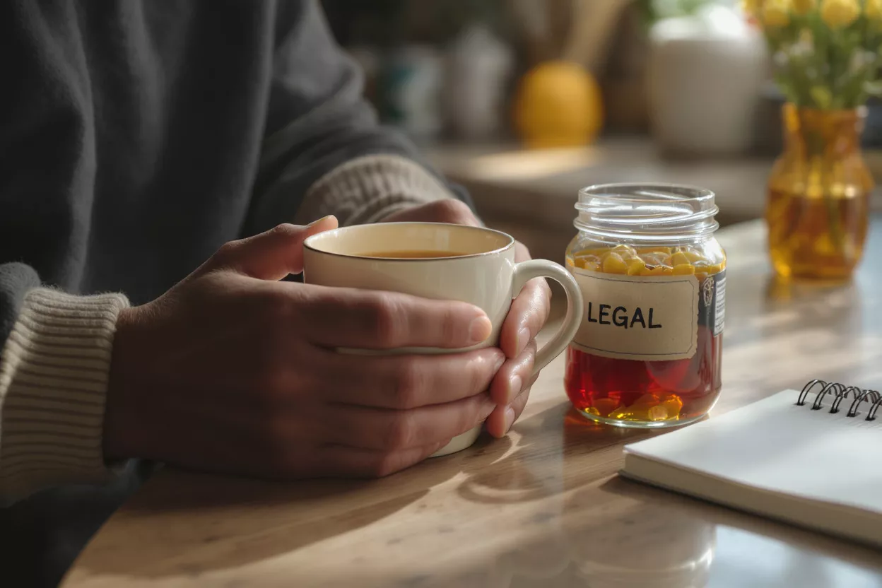 A person's hands holding a white mug next to a jar labeled 'LEGAL'.