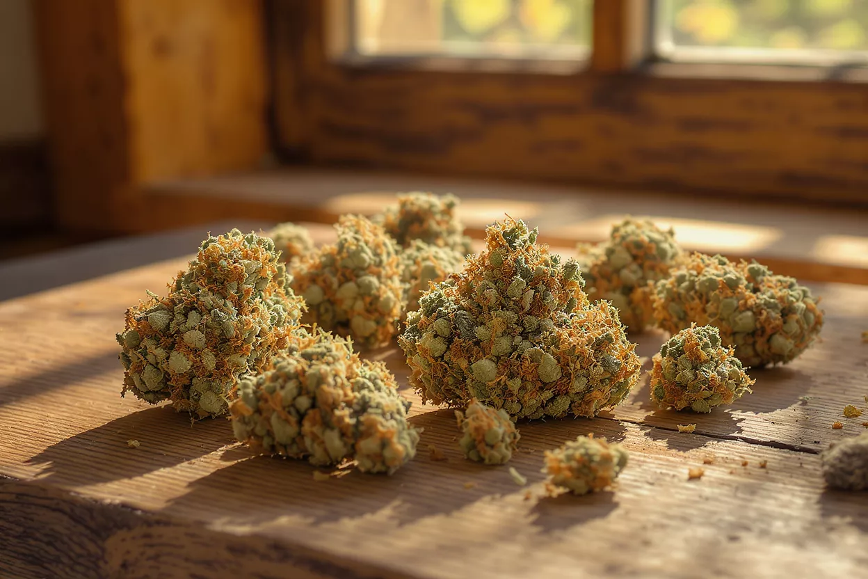 Several cannabis buds with orange hairs on a wooden surface in sunlight.