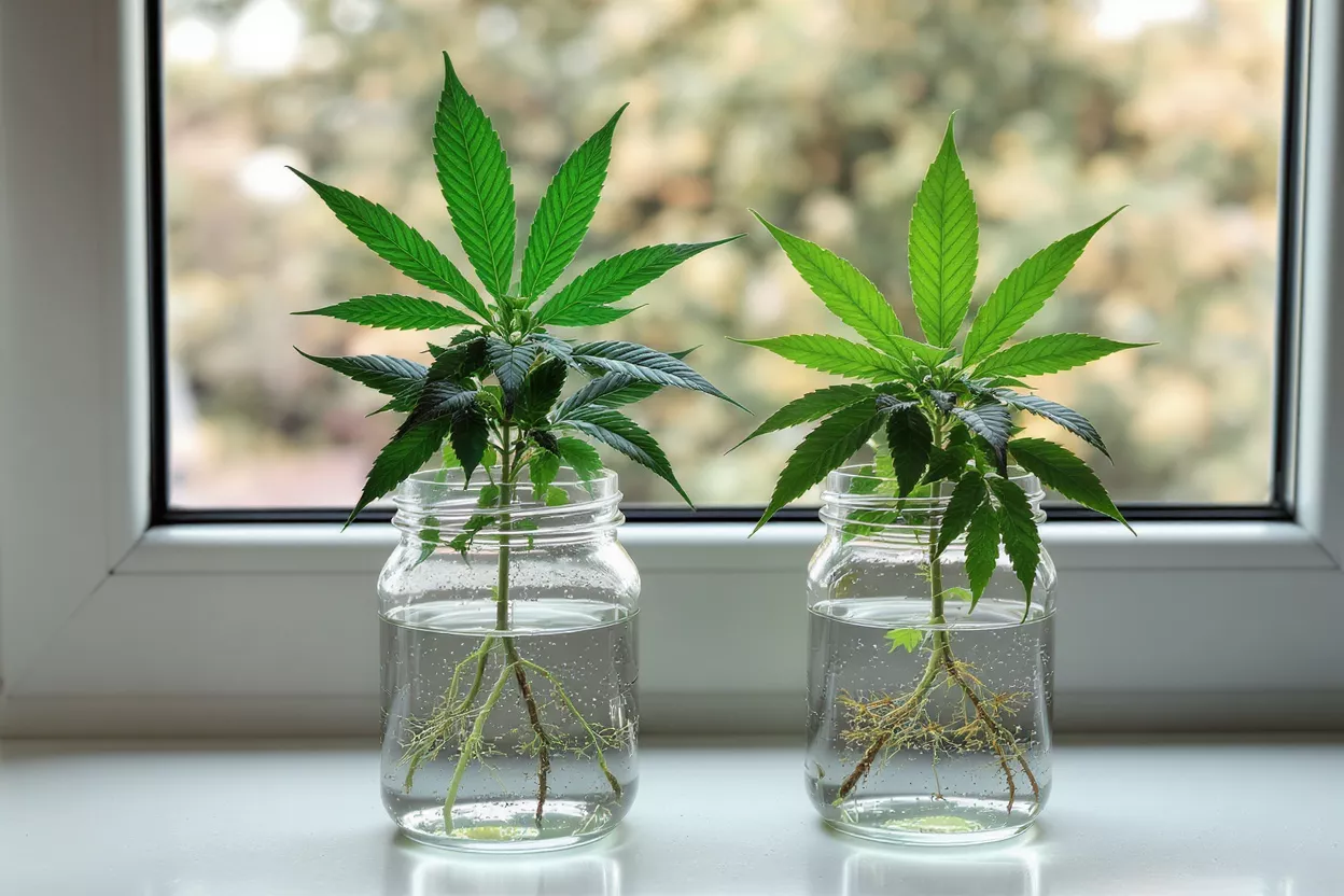 Two cannabis clones with roots in glass jars of water on a windowsill.