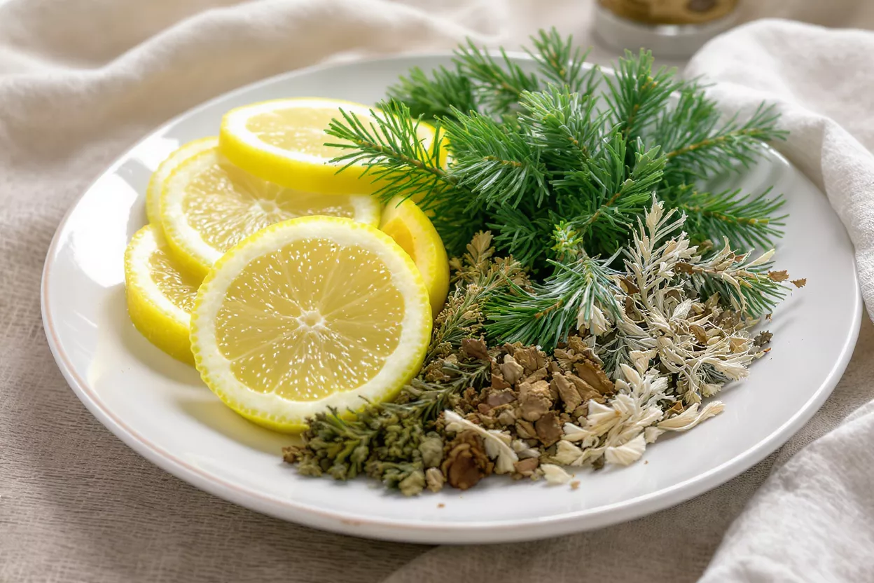 A white plate with lemon slices, pine needles, and various dried herbs.