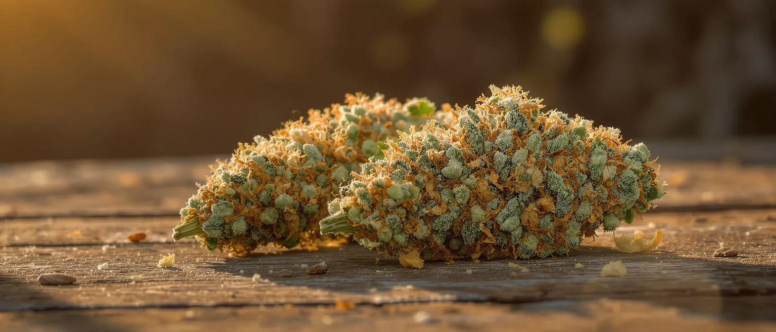 Two vibrant cannabis buds with orange hairs and trichomes on a rustic wooden surface.