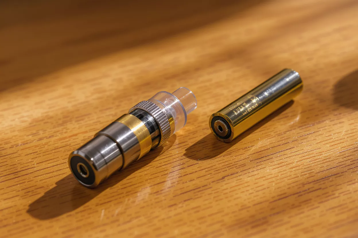 A vape pen cartridge and a gold battery on a wooden surface.