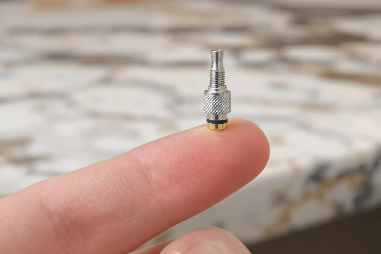 A small, silver tire valve stem resting on the tip of a human finger.