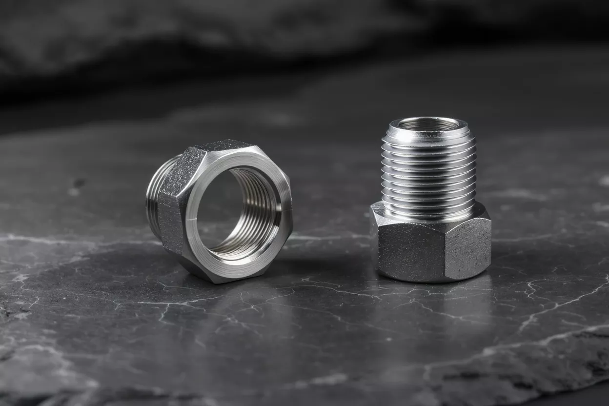 Two shiny metal threaded fittings, one nut and one bolt, on a dark stone surface.