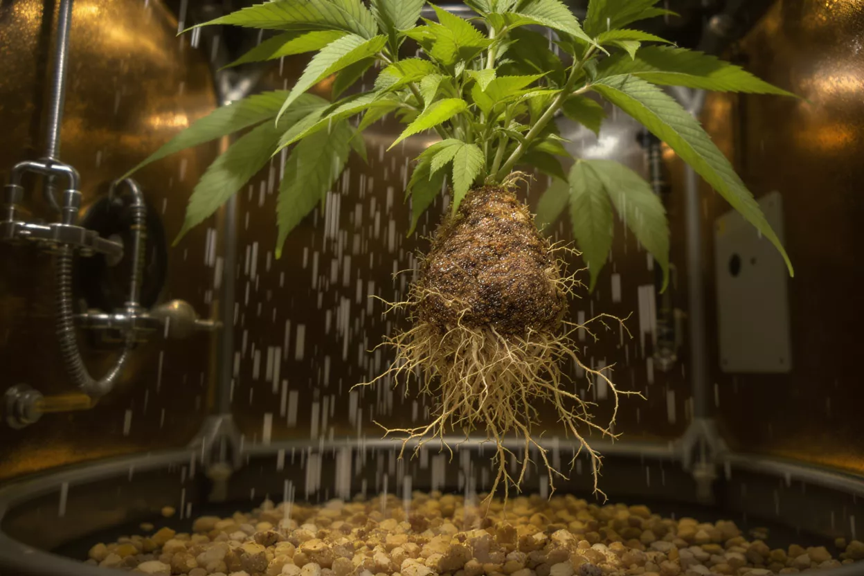 Cannabis plant with exposed roots under a shower of water, growing hydroponically.