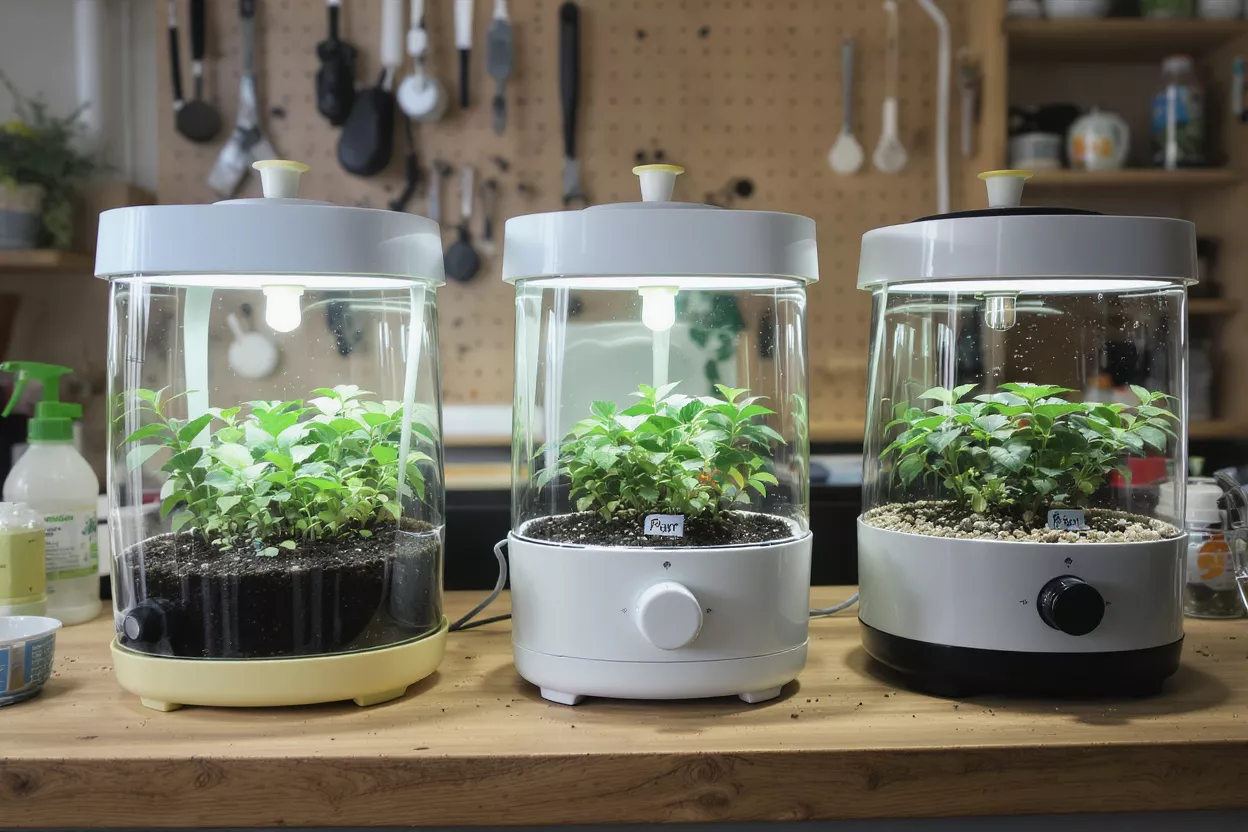 Three cylindrical indoor plant grow lights with green plants inside on a wooden table.