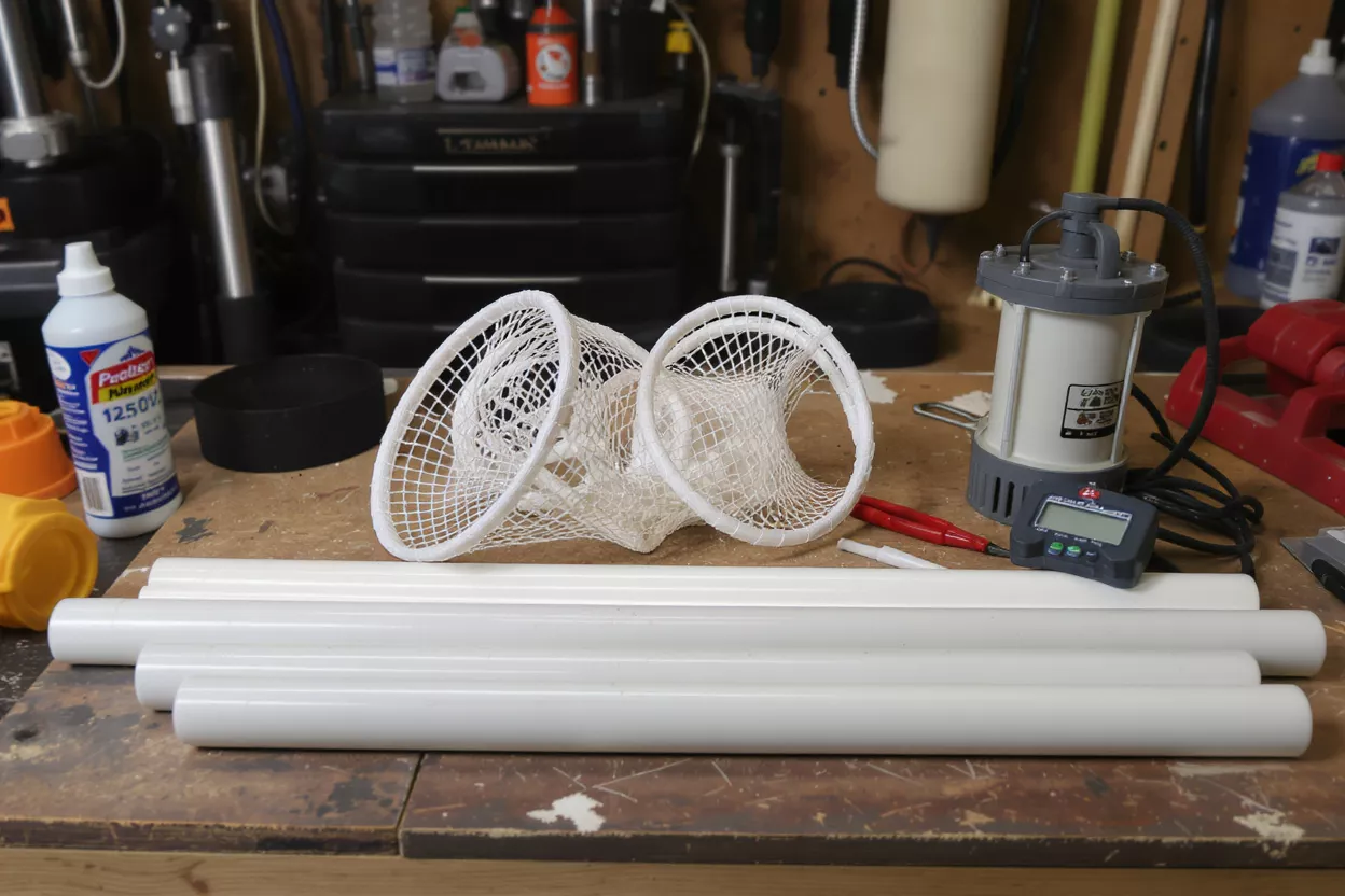 Various components for a DIY aquarium filter, including PVC pipes and a pump.