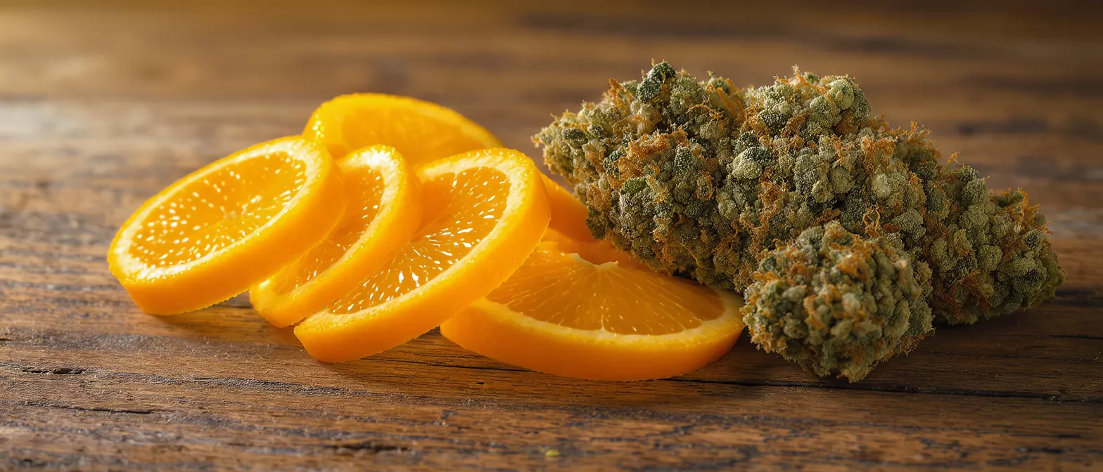 Bright orange slices and green cannabis buds on a rustic wooden surface.
