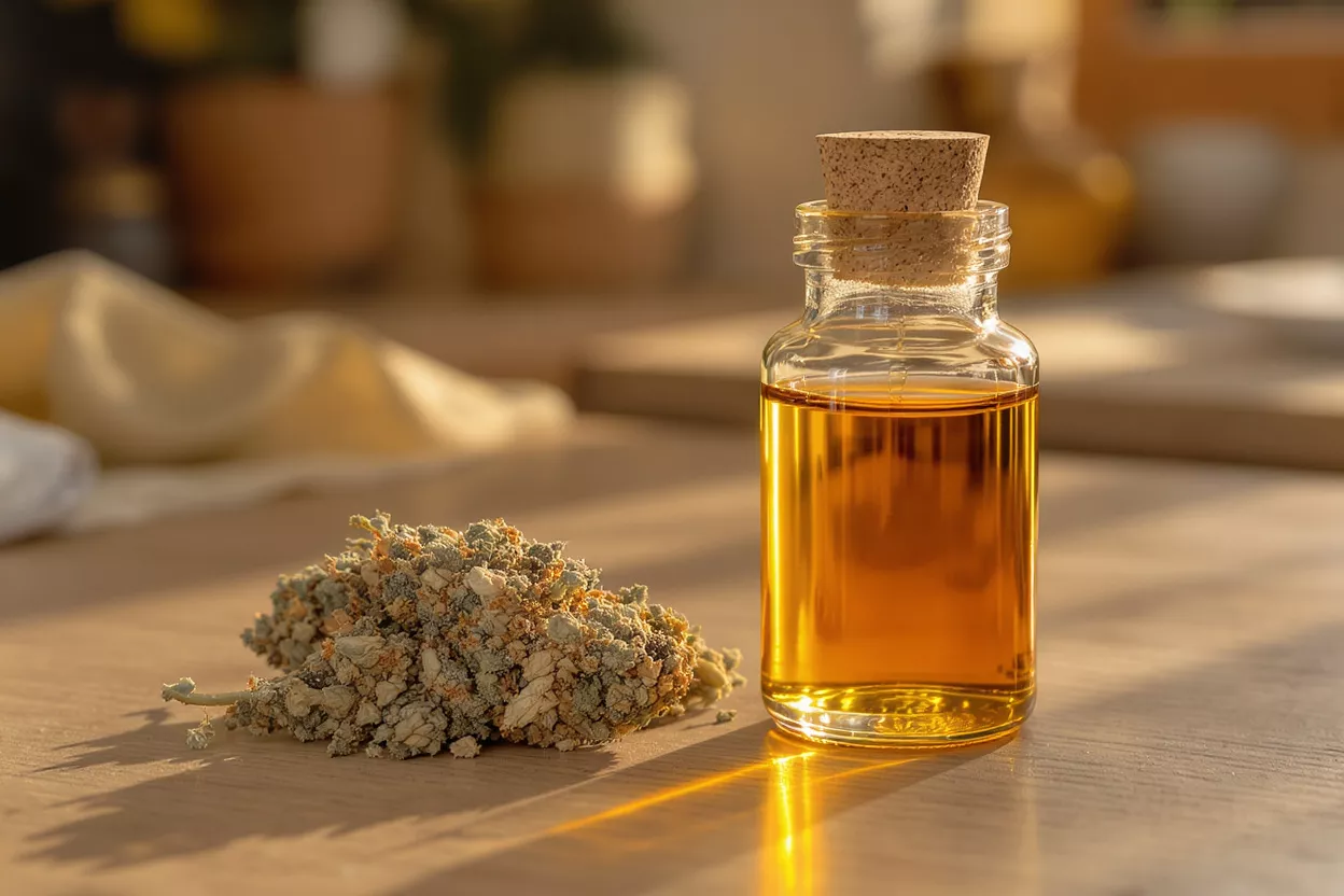 Small bottle of golden herbal oil with dried herbs on a wooden surface.