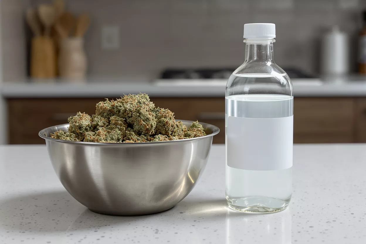 A metal bowl filled with cannabis buds next to a clear bottle of alcohol.