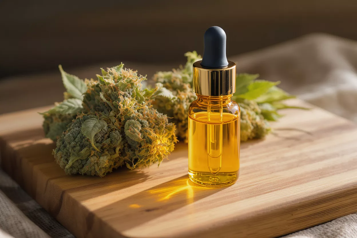 CBD oil dropper bottle and cannabis buds on a wooden board.