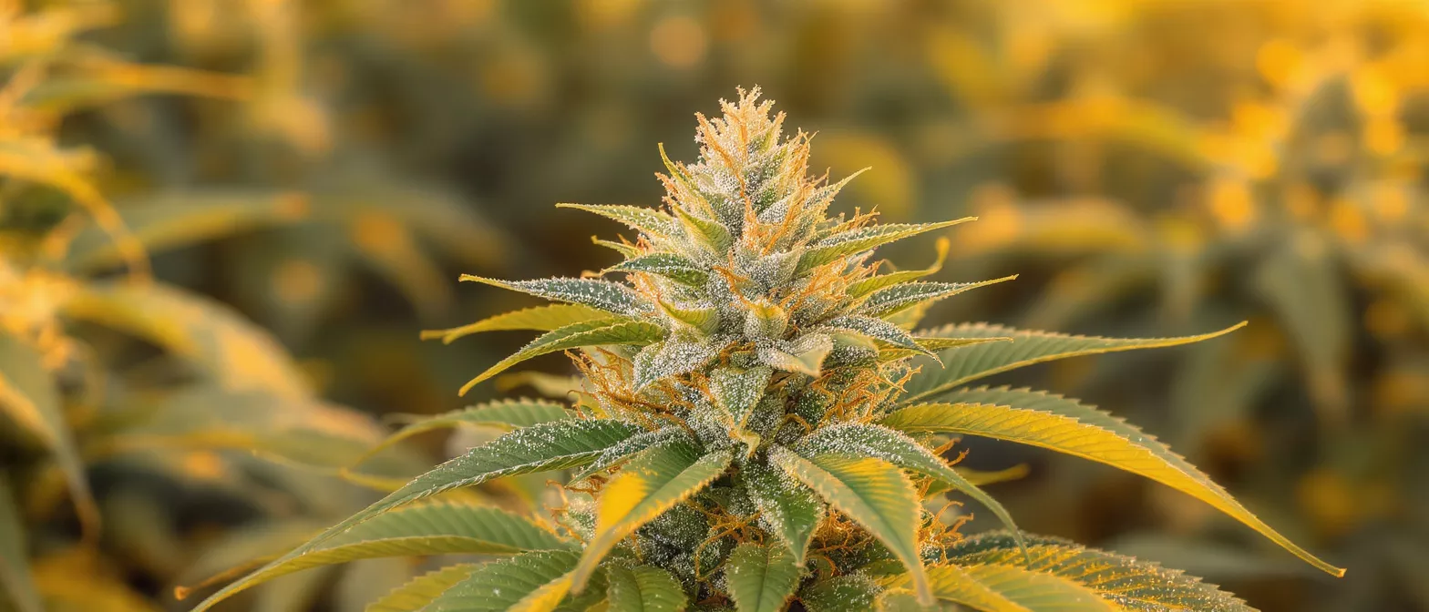 Close-up of a cannabis plant bud covered in trichomes, with a blurred background.