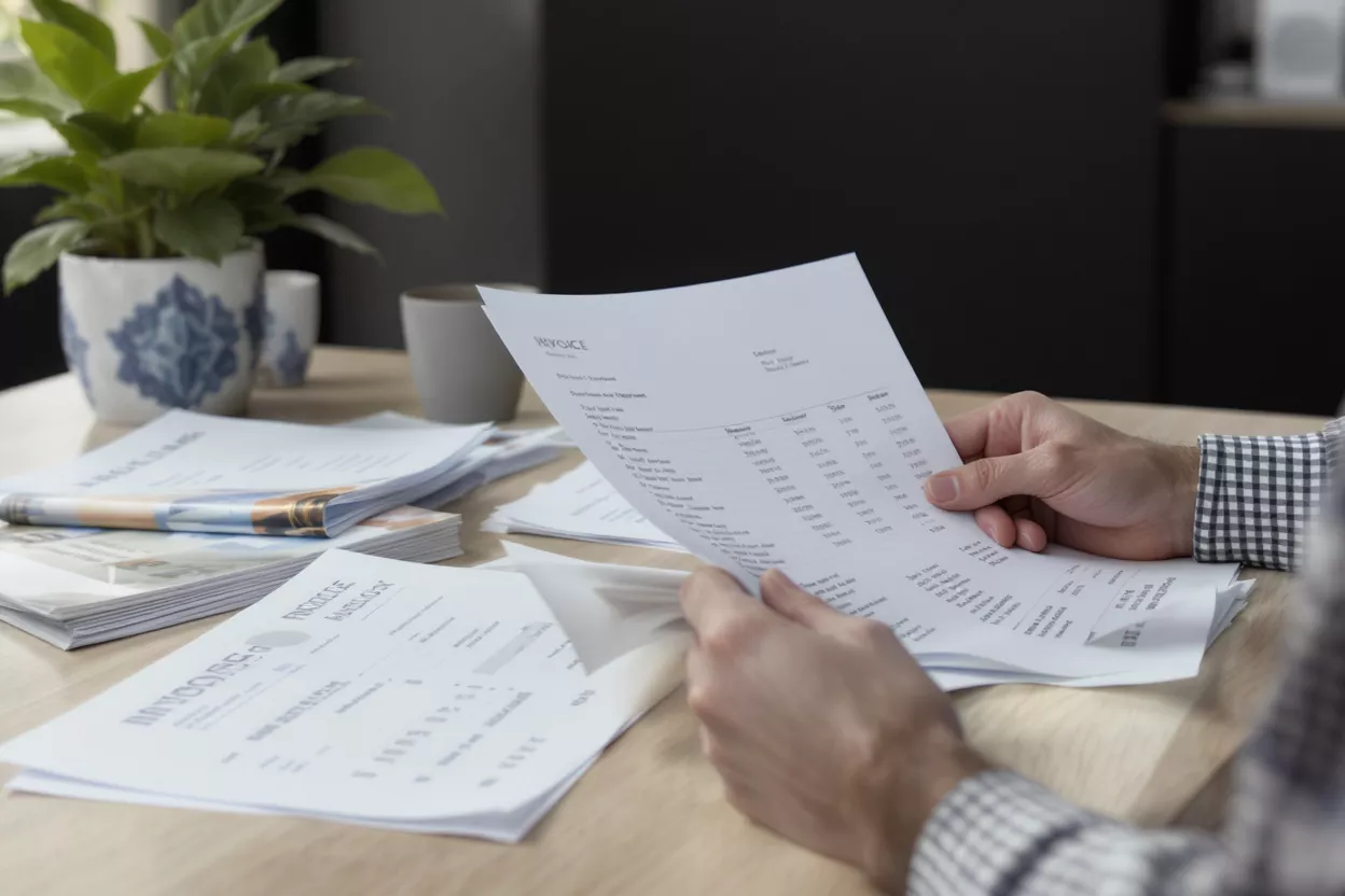 Close-up of a man's hands reviewing an invoice document at a wooden desk.