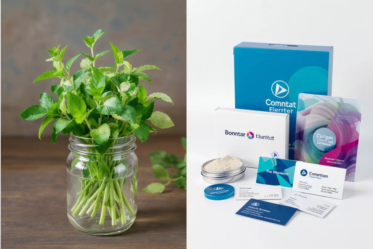 Fresh mint in a glass jar next to various branded marketing materials.