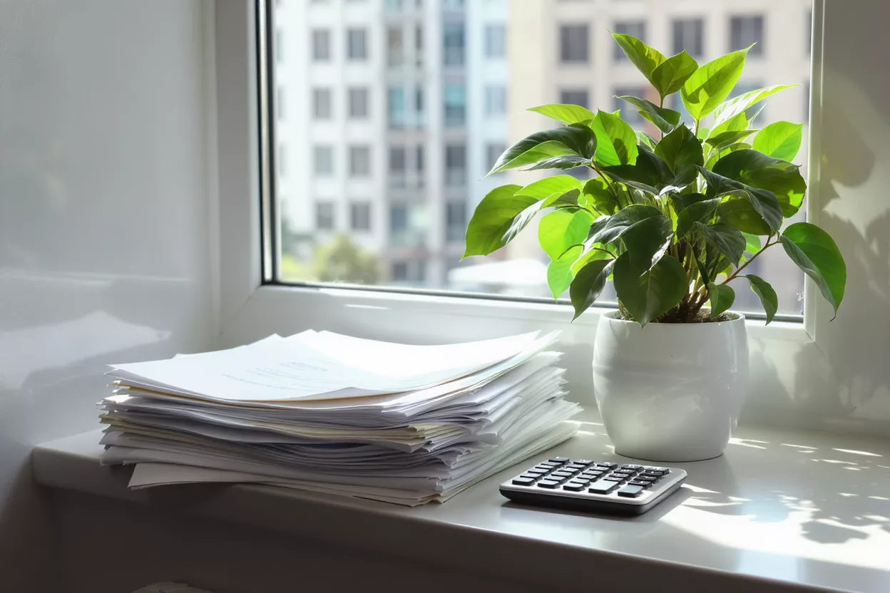 Stack of papers, calculator, and potted plant on a sunlit office window sill.