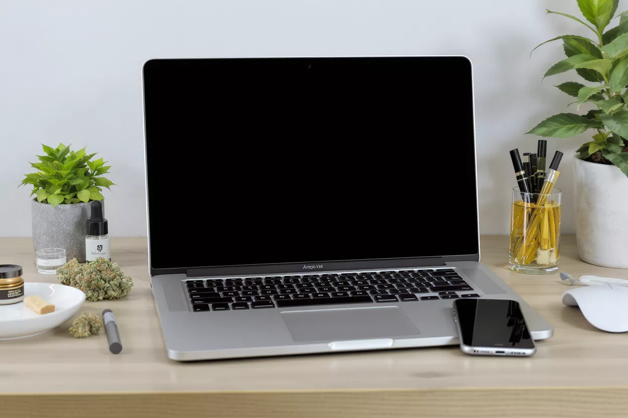 Laptop, cannabis, and accessories on a desk, creating a work-from-home scene.