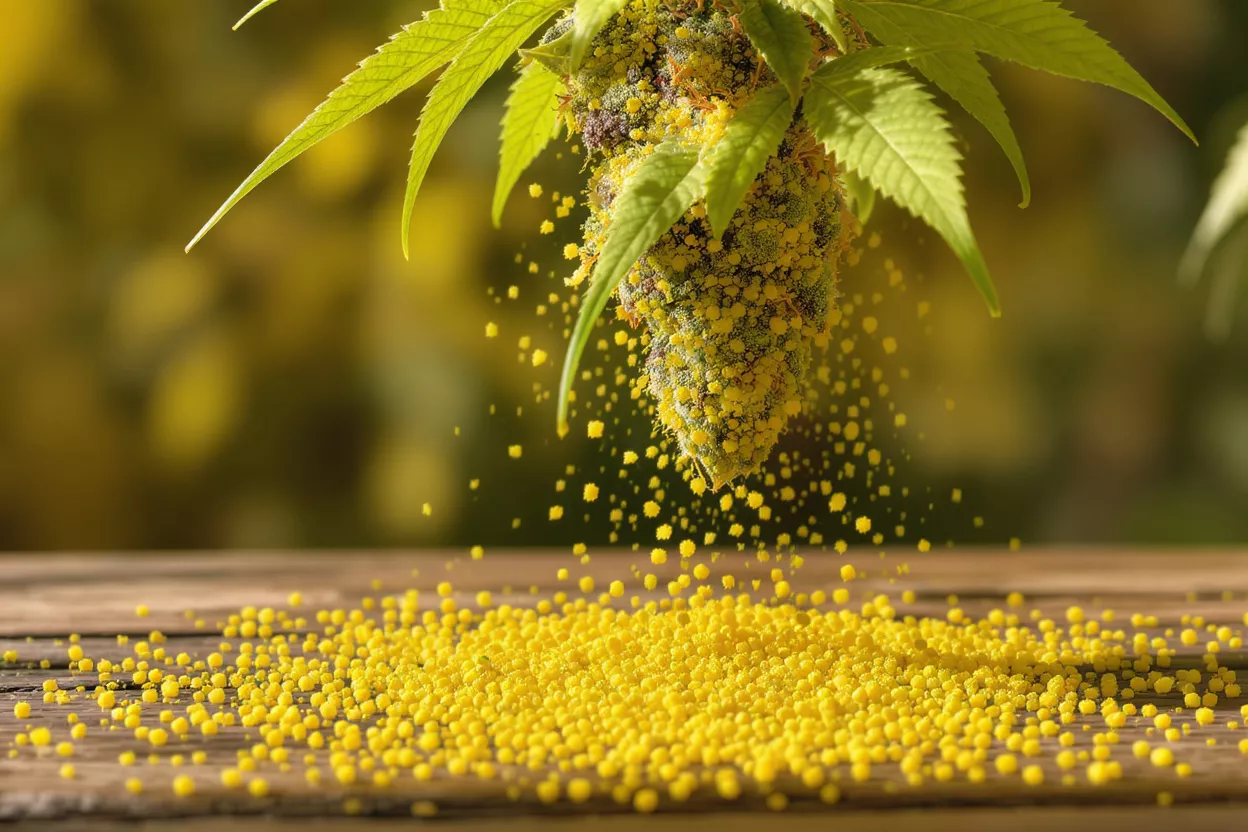 Cannabis bud covered in yellow pollen falling onto a wooden surface.