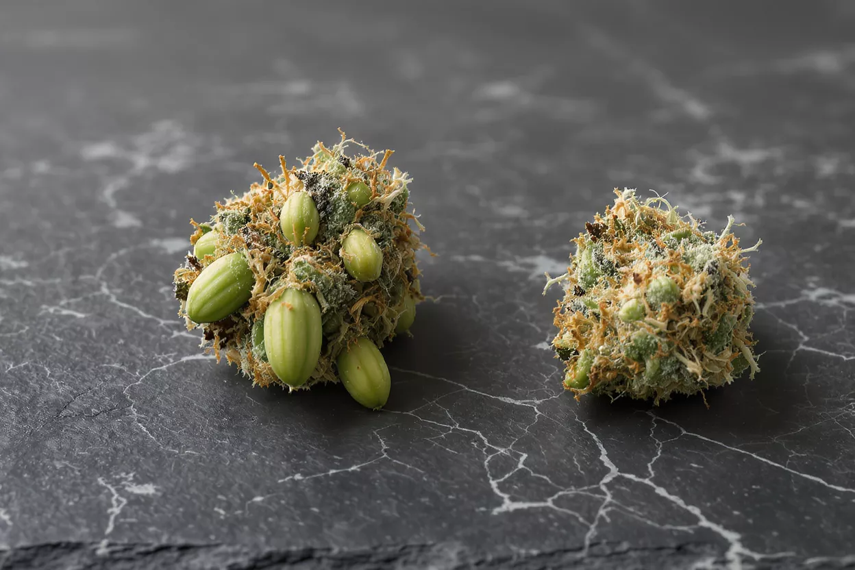 Two cannabis buds with prominent seeds on a dark, textured surface.