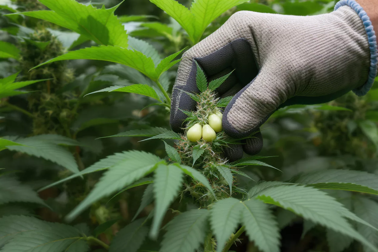 A gloved hand carefully tending to a cannabis plant with developing seeds.