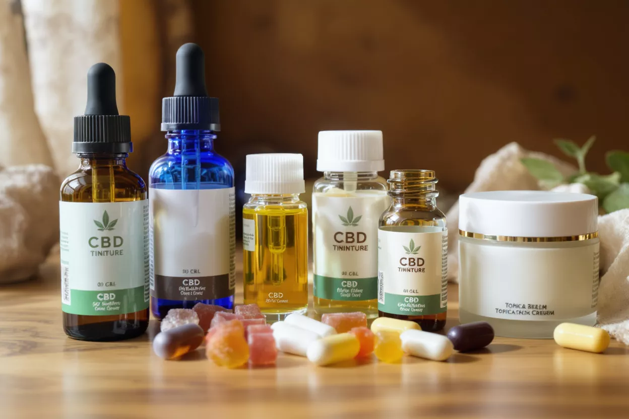 Assorted CBD Products Collection Various CBD products including tinctures, gummies, capsules, and topical cream on a wooden surface.