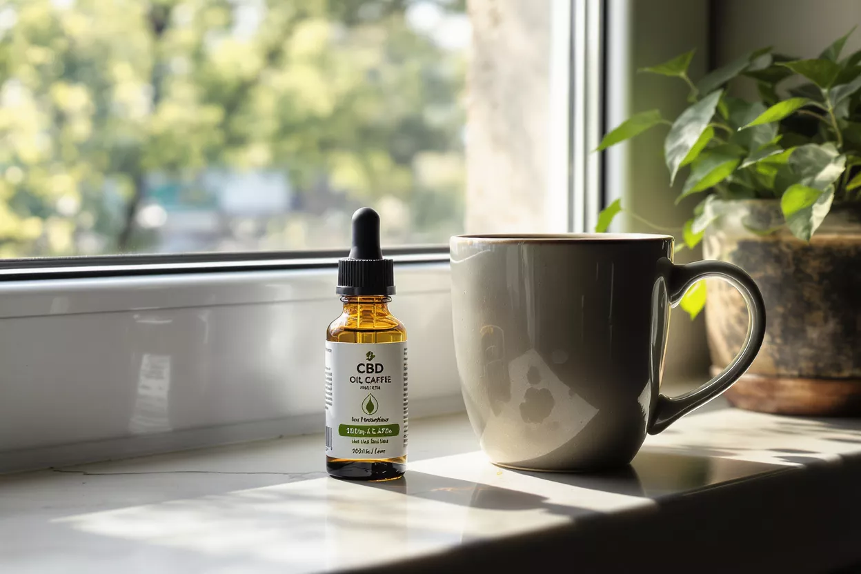 CBD Oil Caffe and Coffee CBD oil bottle and coffee mug on a sunlit windowsill with green foliage outside.