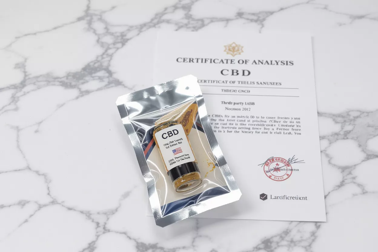 CBD Product with Certificate of Analysis CBD oil bottle in foil pouch with certificate of analysis on marble surface.