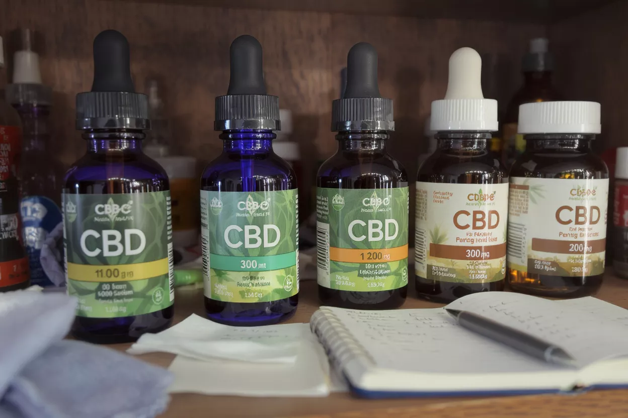 CBD Oil Bottles with Notebook Five CBD oil bottles of various strengths and sizes, with a notebook and pen.