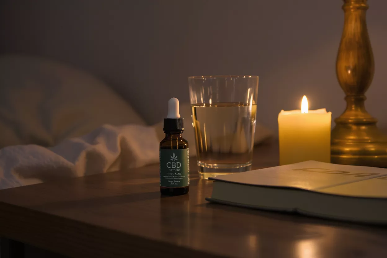 CBD Tincture Bedside Night CBD tincture bottle, water glass, candle, and book on a bedside table.
