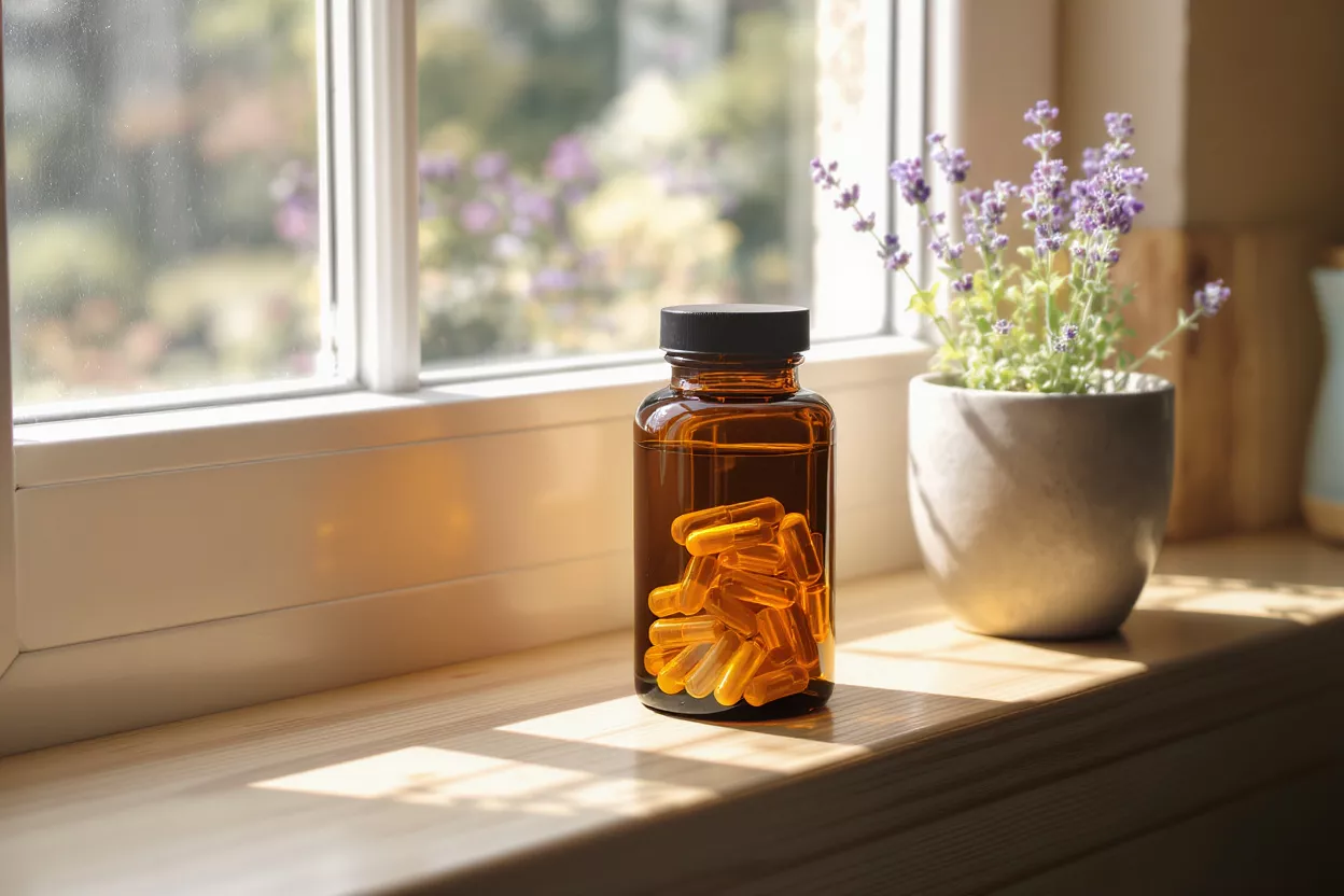 Amber Bottle with Supplements Amber bottle of supplements and lavender plant on a sunlit wooden windowsill.