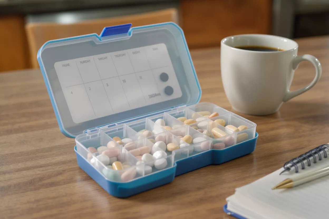 Weekly Pill Organizer with Coffee Blue and clear weekly pill organizer filled with pills next to a coffee mug.