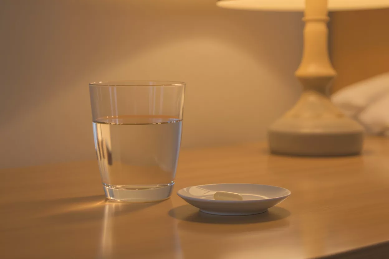 Pill and Water on Nightstand A glass of water and a white pill on a small dish on a wooden nightstand.