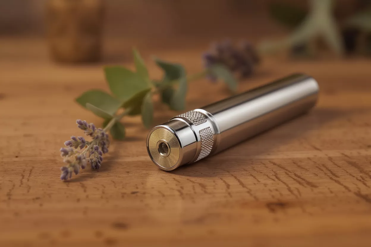 Sleek Silver Vape Pen A silver vape pen on a wooden surface with lavender and green leaves.