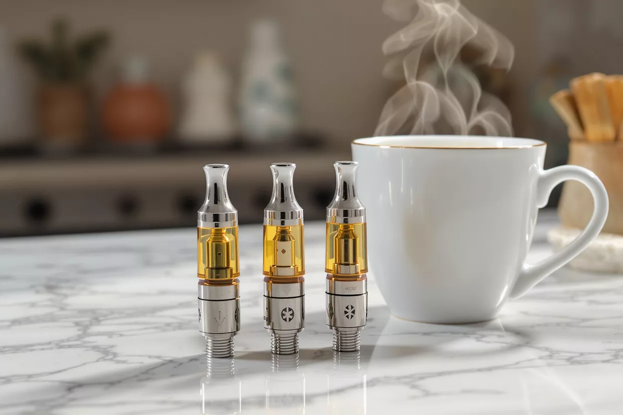 Vape Tanks and Coffee Three vape tanks with yellow liquid next to a steaming cup of coffee.