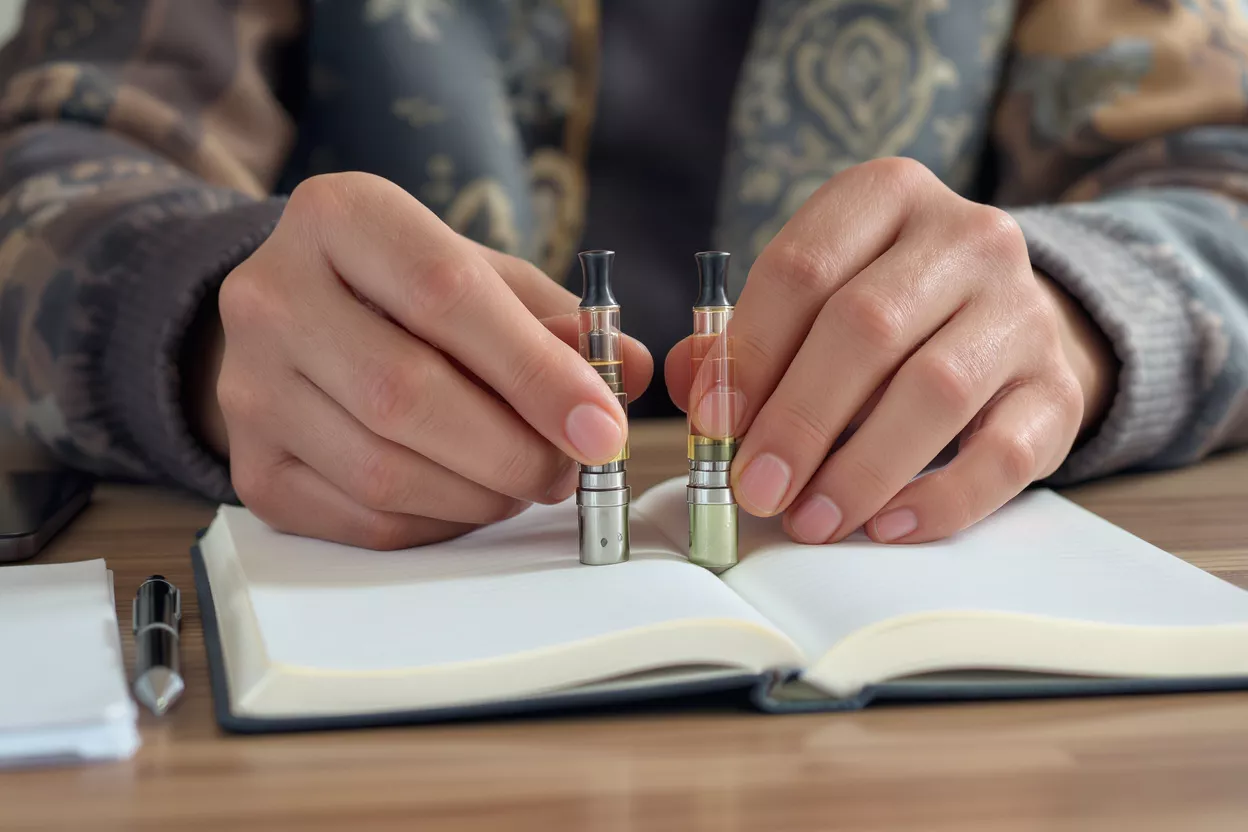 Comparing Vape Pens A person's hands holding two vape pens over an open notebook.