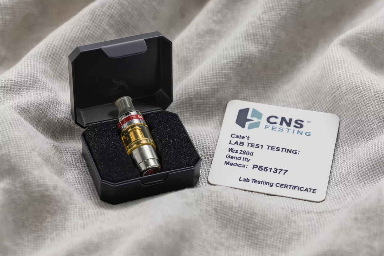 Vape Cartridge Lab Testing Vape cartridge in box with CNS Testing certificate on white fabric.