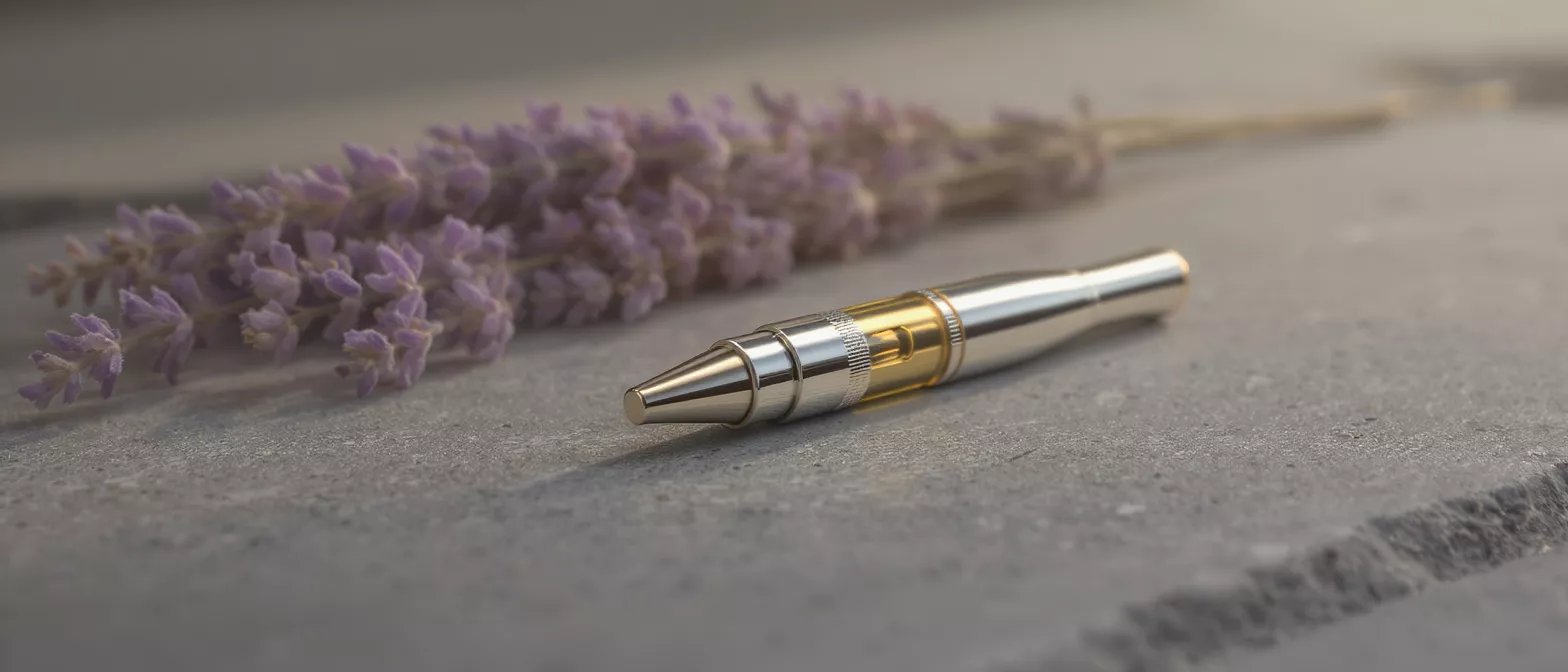 Vape Cartridge with Lavender Silver and gold vape cartridge next to dried lavender on a gray surface.