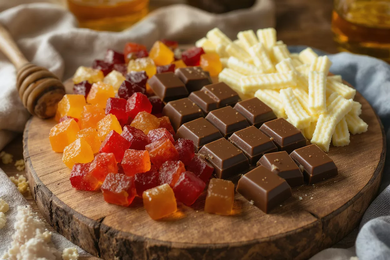 Colorful Candies and Chocolates A wooden board with colorful gummy candies, milk chocolate squares, and white chocolate sticks.