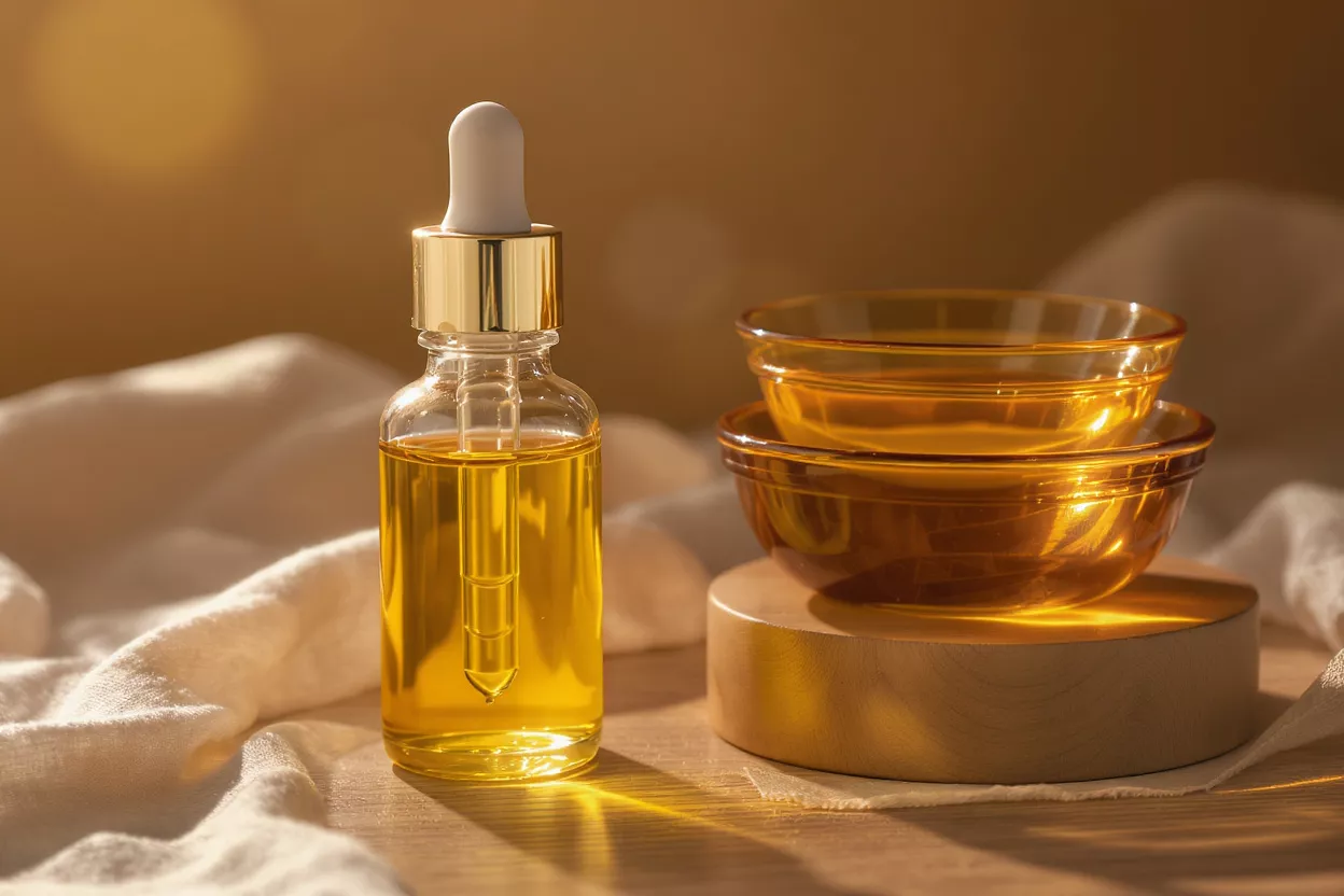 A golden dropper bottle of skincare oil next to two amber glass bowls.