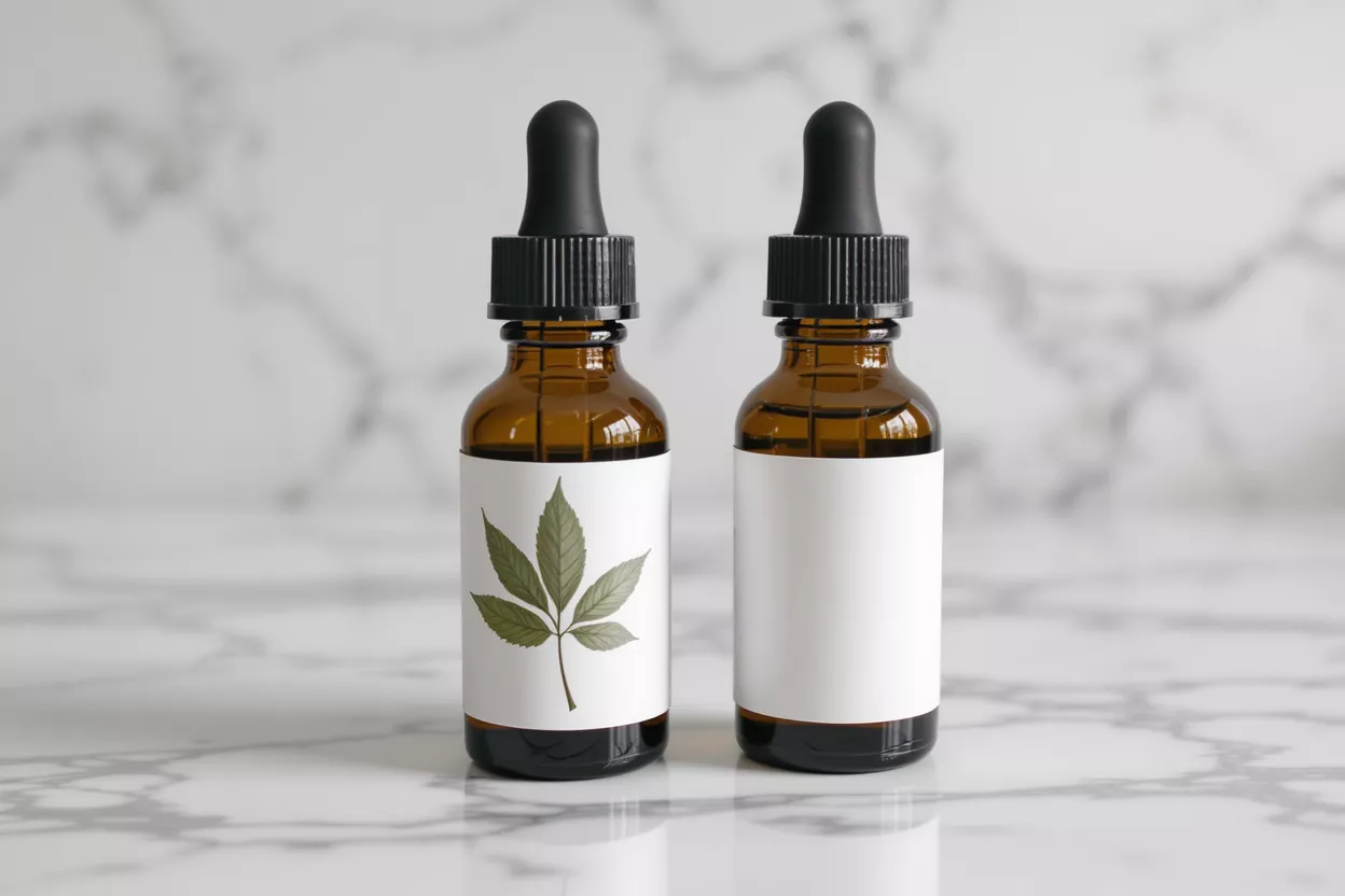 Two amber dropper bottles, one with a leaf label, on a marble surface.