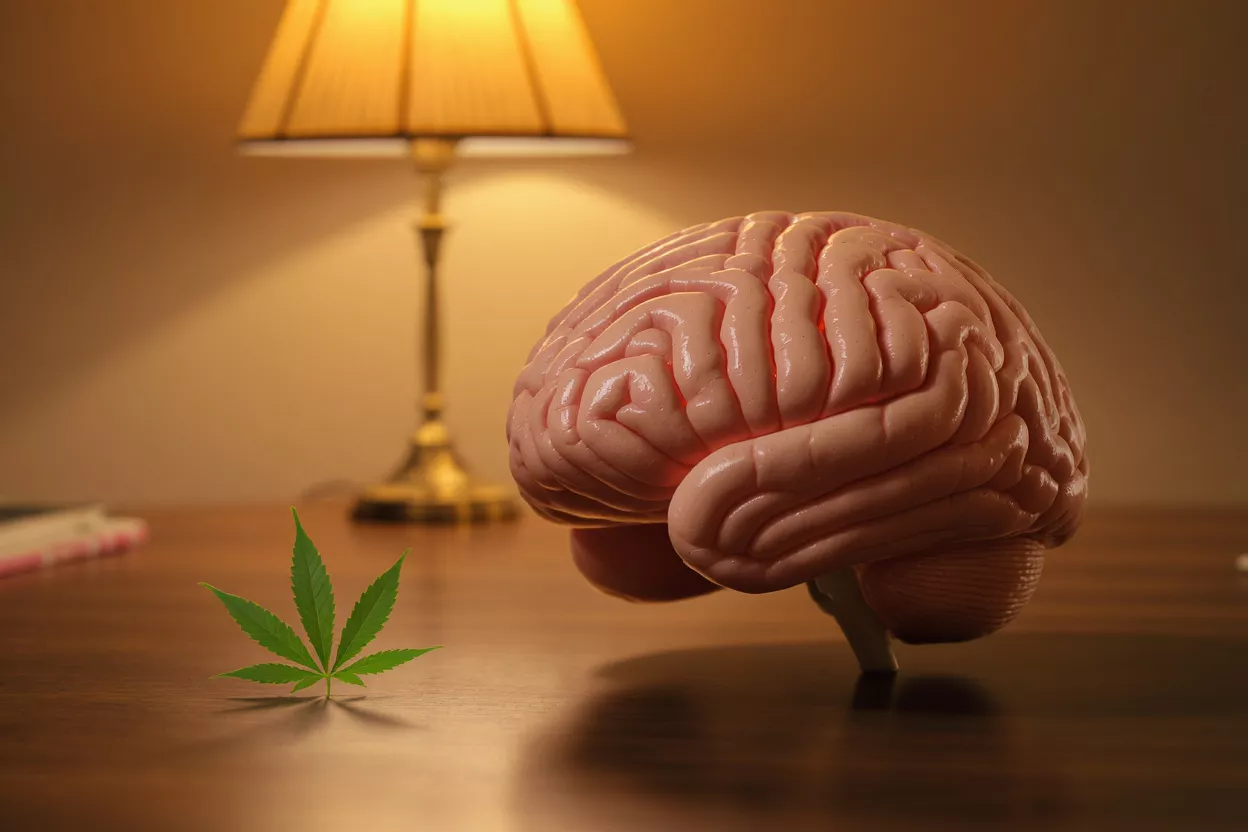 Cannabis and Brain Health A human brain model and a cannabis leaf on a wooden desk with a lamp.