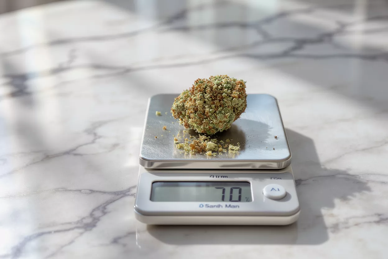 Cannabis Bud on Digital Scale A large cannabis bud, green and orange, resting on a digital scale displaying '7.0'.