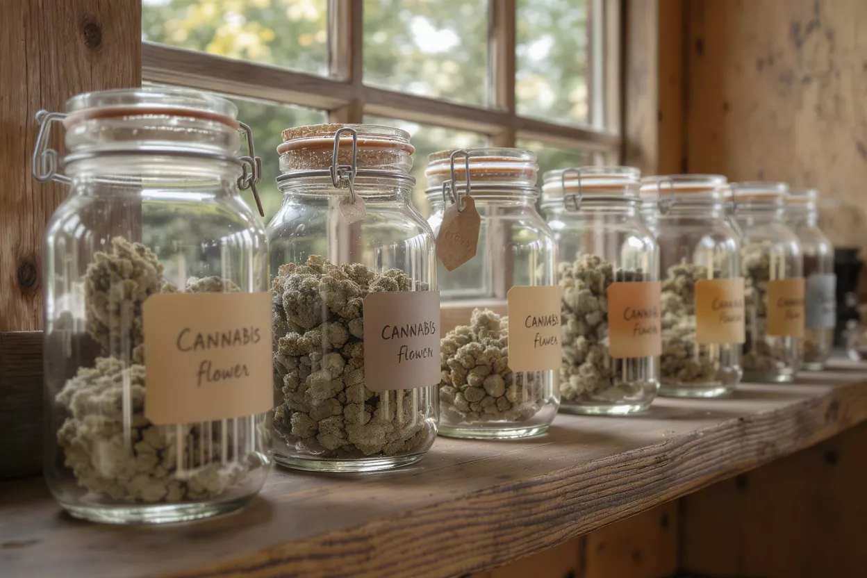 Cannabis Flower Jars on Shelf Glass jars filled with cannabis flower, labeled, on a rustic wooden shelf by a window.