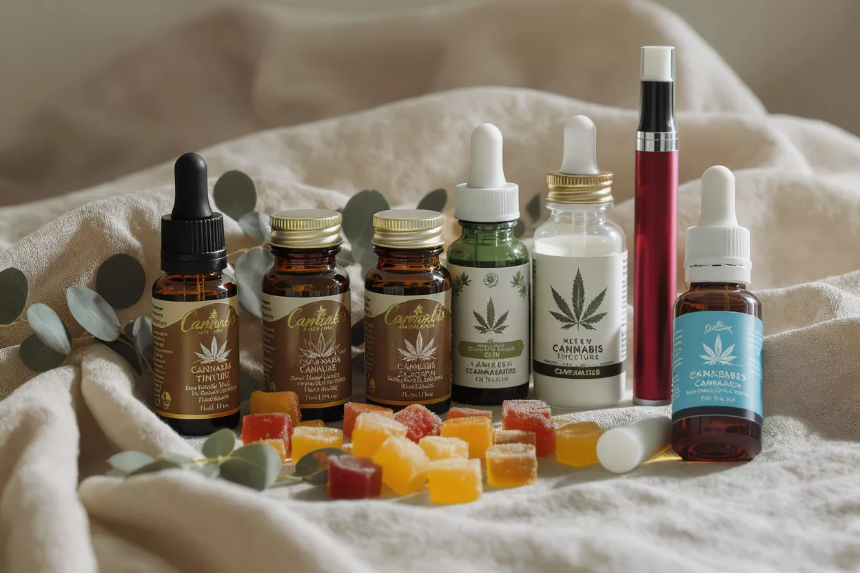Cannabis Products and Edibles Various cannabis tinctures, gummies, and a vape pen on a light fabric background.